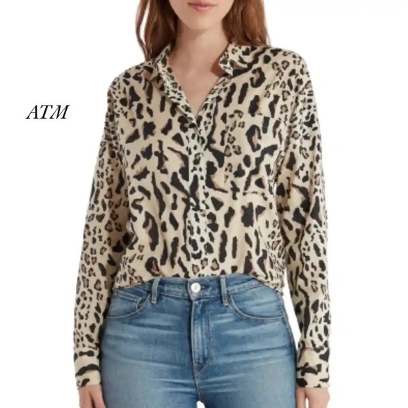 ATM Camel Black Mixed Leopard Print Button Boyfriend Shirt Size Large - Picture 1 of 12